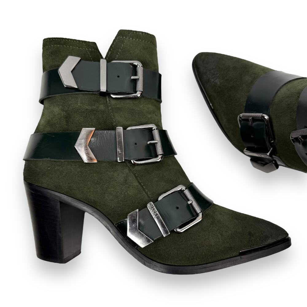 DIESEL green suede strapped buckle heeled pointed toe boots - Picture 13 of 16